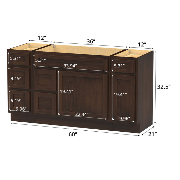 60" Modern Freestanding Oak Bathroom Vanity Base Only – Shaker Style Storage Cabinet with 6 Drawers & 2 Doors VA40123-362L-121 - HomeBeyond