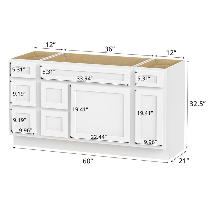 60" Modern Freestanding Oak Bathroom Vanity Base Only – Shaker Style Storage Cabinet with 6 Drawers & 2 Doors VA40123-362L-121 - HomeBeyond