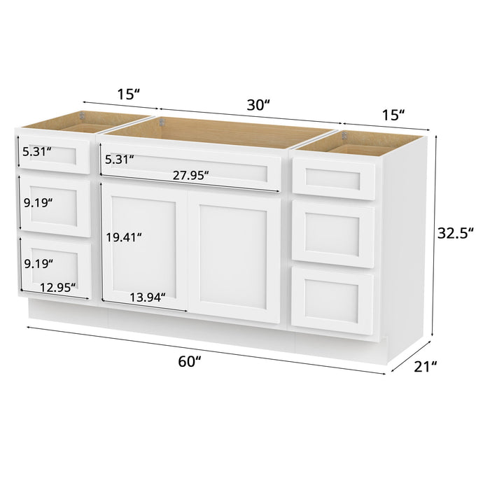 60" Modern Freestanding Oak Plywood Bathroom Vanity Base Only – Shaker Style Storage Cabinet with 6 Drawers & 2 Soft-Close Doors VA40153-30-153 - HomeBeyond