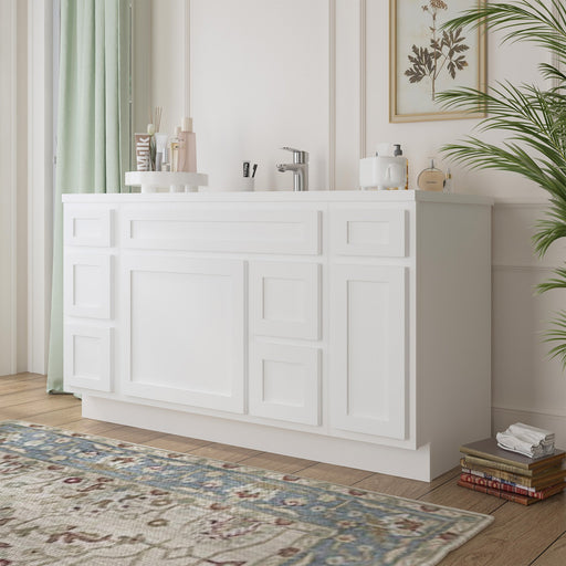 60-inch white bathroom vanity double sink white top, angled side view in bright white bathroom setting