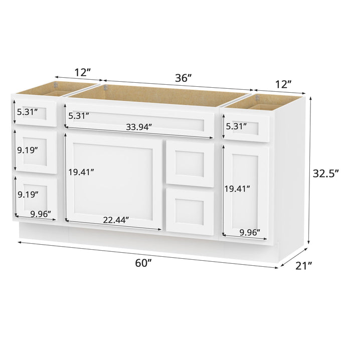 60" Oak Bathroom Vanity Cabinet without Top - 6 Drawers & 2 Doors - HomeBeyond