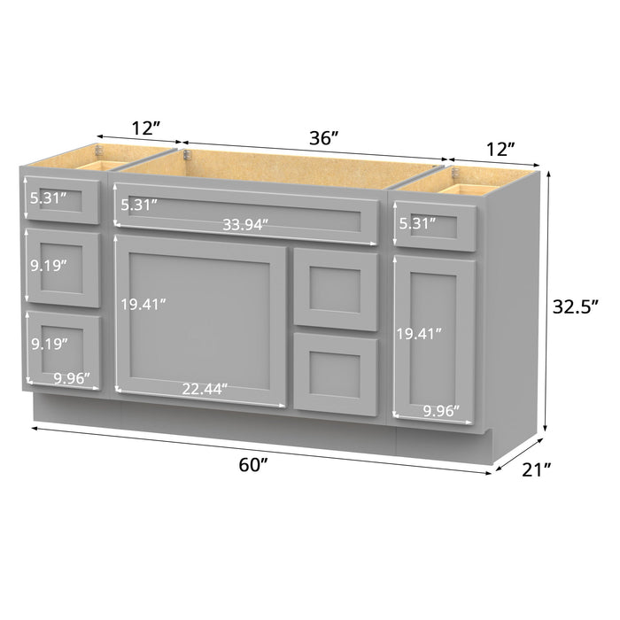 60" Oak Bathroom Vanity Cabinet without Top - 6 Drawers & 2 Doors - HomeBeyond