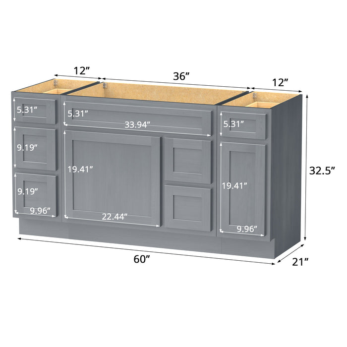 60" Oak Bathroom Vanity Cabinet without Top - 6 Drawers & 2 Doors - HomeBeyond