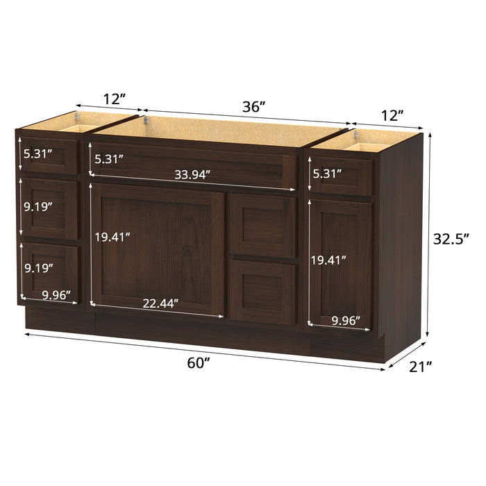 60" Oak Bathroom Vanity Cabinet without Top - 6 Drawers & 2 Doors - HomeBeyond