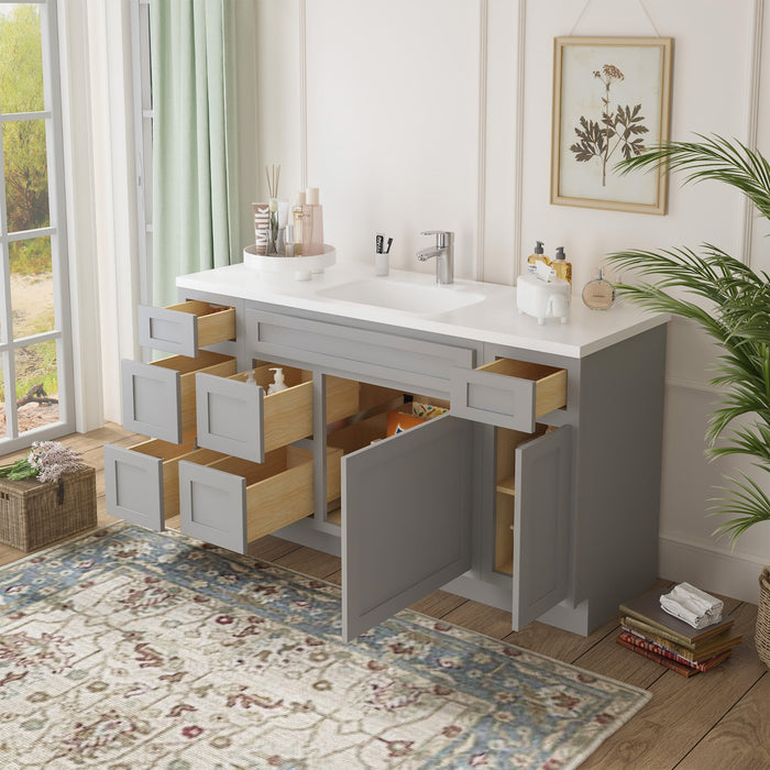 60" Oak Bathroom Vanity Cabinet without Top - 6 Drawers & 2 Doors - HomeBeyond