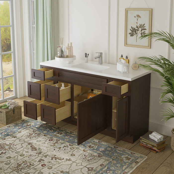 60" Oak Bathroom Vanity Cabinet without Top - 6 Drawers & 2 Doors - HomeBeyond