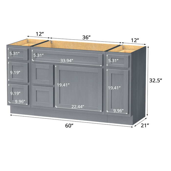 60" Oak Bathroom Vanity Cabinet without Top - 6 Drawers & 2 Doors - HomeBeyond