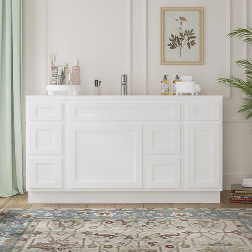 60-inch white bathroom vanity cabinet with white countertop single sink, front view in styled bathroom