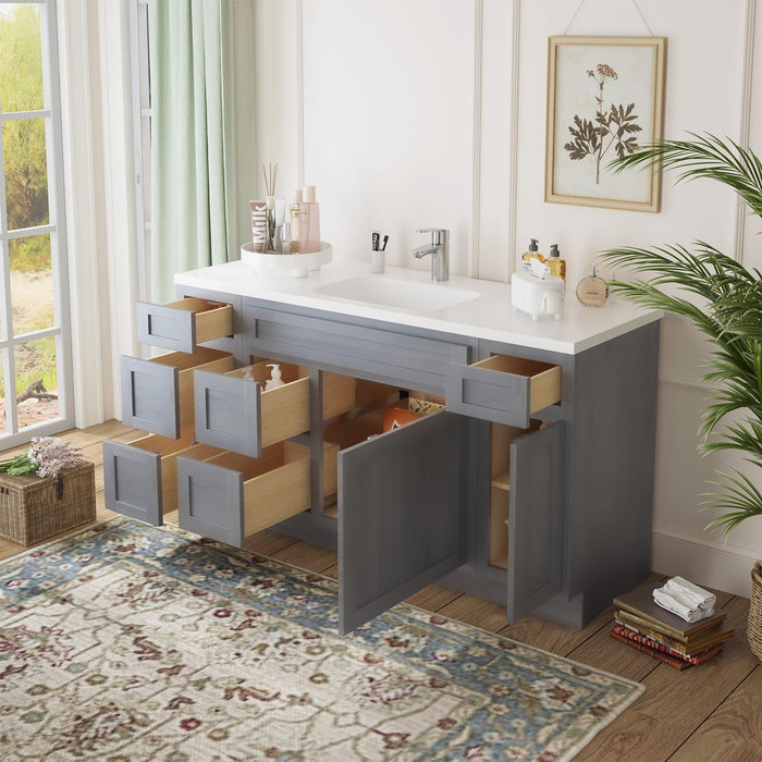 60" Oak Bathroom Vanity Cabinet without Top - 6 Drawers & 2 Doors - HomeBeyond