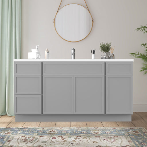 60 inch light gray bathroom vanity cabinet front view with white countertop round mirror bathroom setting