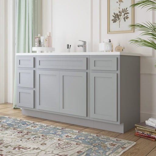 60-inch light gray bathroom vanity angled view with white sink top and toiletry accessories