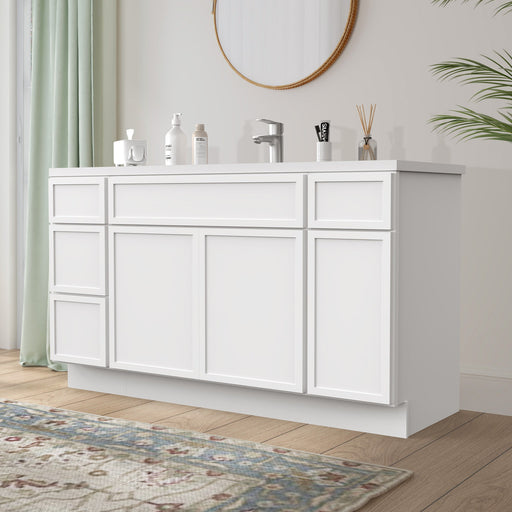 60 inch white bathroom vanity cabinet angled view with white countertop and single sink chrome faucet