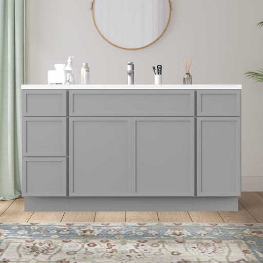 60 inch gray bathroom vanity cabinet front view with white countertop and single sink in staged bathroom