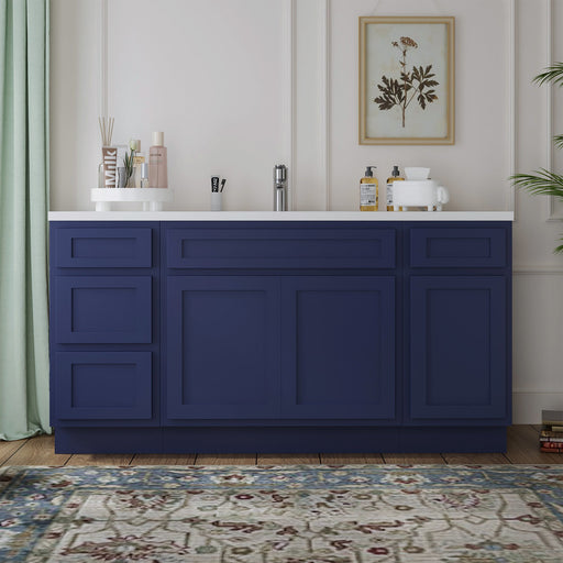 60-inch navy blue bathroom vanity cabinet front view with white countertop in bright bathroom setting