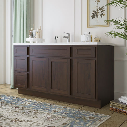 60-inch dark walnut bathroom vanity angled view with white sink top and bathroom accessories
