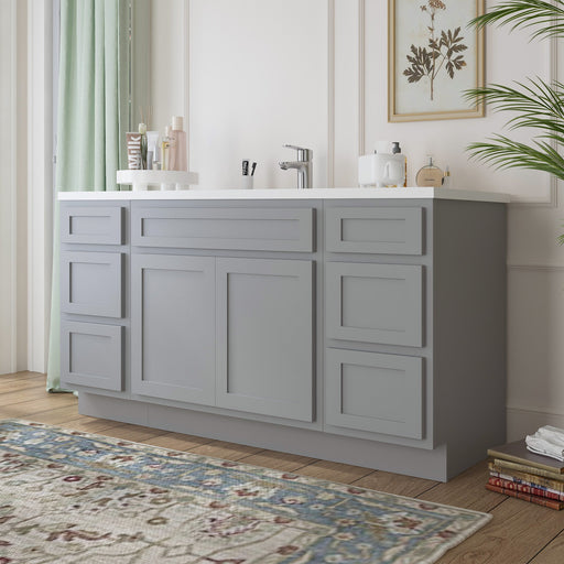 60-inch teal green bathroom vanity cabinet angled side view with white countertop double sink in bathroom