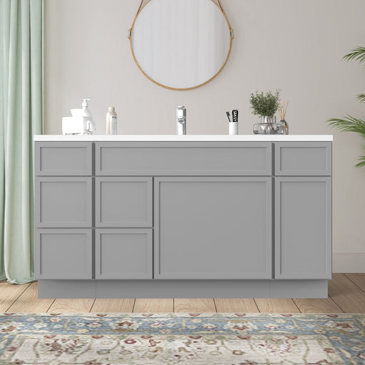 60 inch light gray painted bathroom vanity cabinet front view with white sink top in bathroom