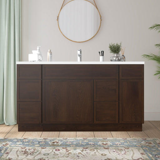 60 inch dark walnut bathroom vanity cabinet front view with white countertop single sink styled bathroom
