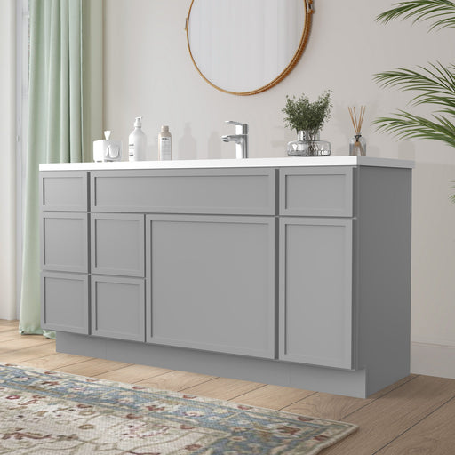 60 inch light gray painted bathroom vanity cabinet angled side view with single sink countertop