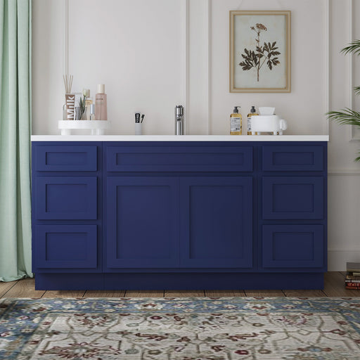 60-inch navy blue bathroom vanity cabinet front view with white countertop and single sink in styled bathroom