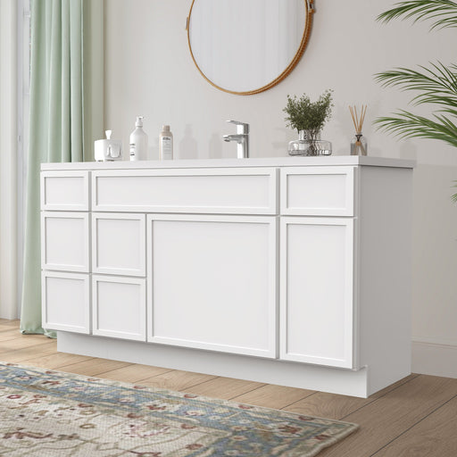 60 inch white bathroom vanity cabinet angled side view with single sink white countertop