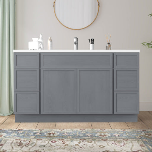 60-inch gray wood bathroom vanity cabinet with white sink top in styled bathroom, front view
