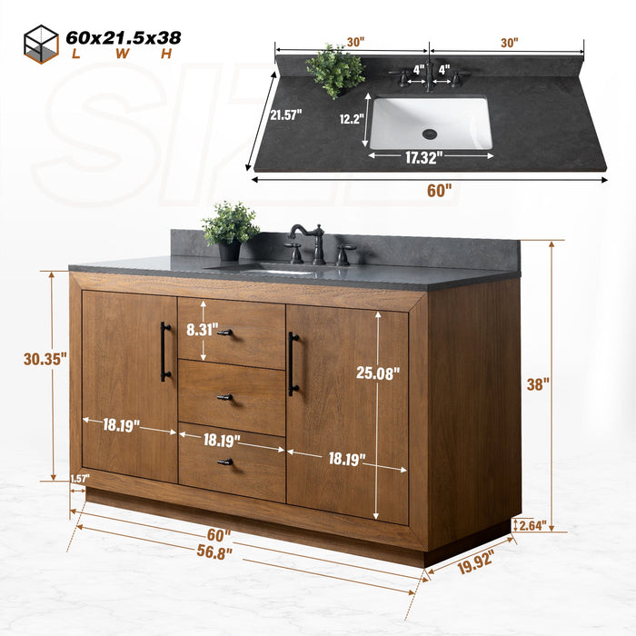 60" Single Sink Bathroom Vanity with Sink and Top, With Soft Closing Doors - HomeBeyond