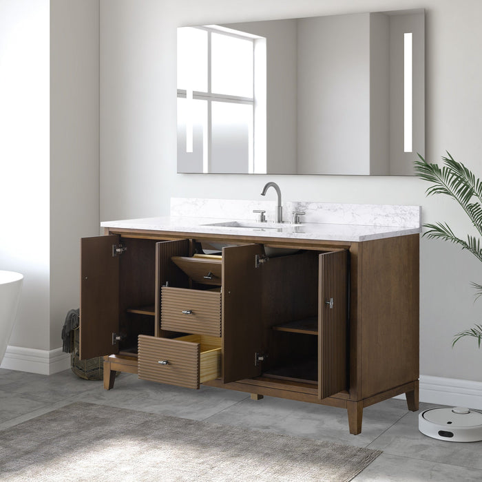 60" Single Sink Freestanding Bath Vanity Cabinet with White Engineered Marble Top - HomeBeyond