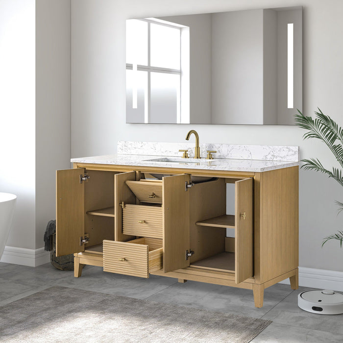 60" Single Sink Freestanding Bath Vanity Cabinet with White Engineered Marble Top - HomeBeyond