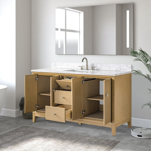 Open view light oak 60 inch vanity showing interior wooden shelves ribbed drawers and center plumbing compartment