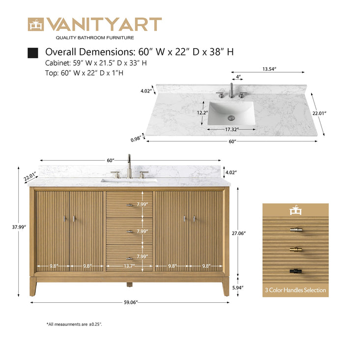 60" Single Sink Freestanding Bath Vanity Cabinet with White Engineered Marble Top - HomeBeyond