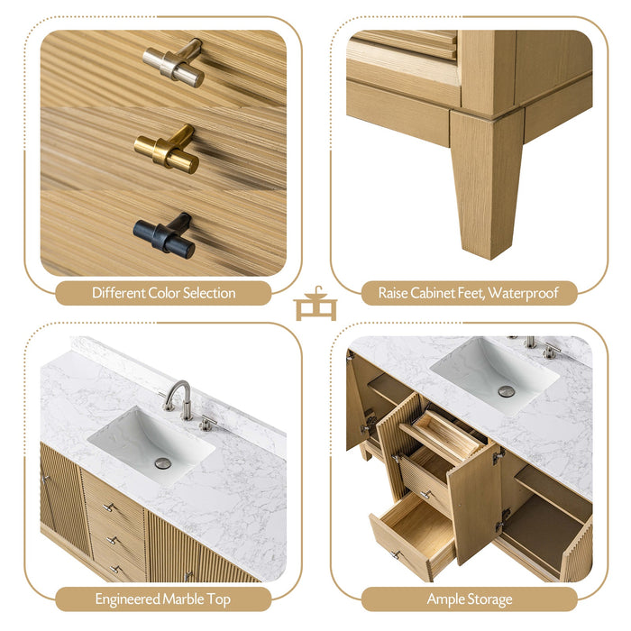 60" Single Sink Freestanding Bath Vanity Cabinet with White Engineered Marble Top - HomeBeyond