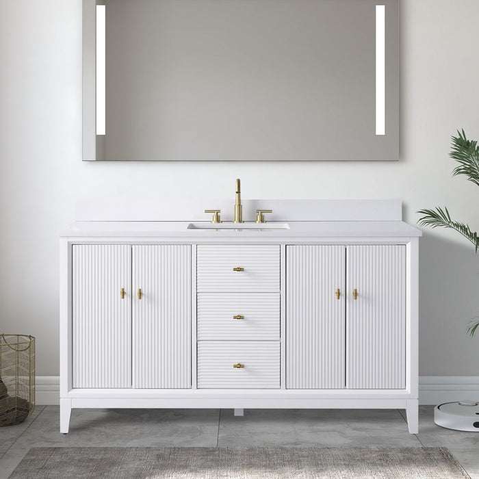 60" Single Sink Freestanding Bath Vanity Cabinet with White Engineered Marble Top - HomeBeyond