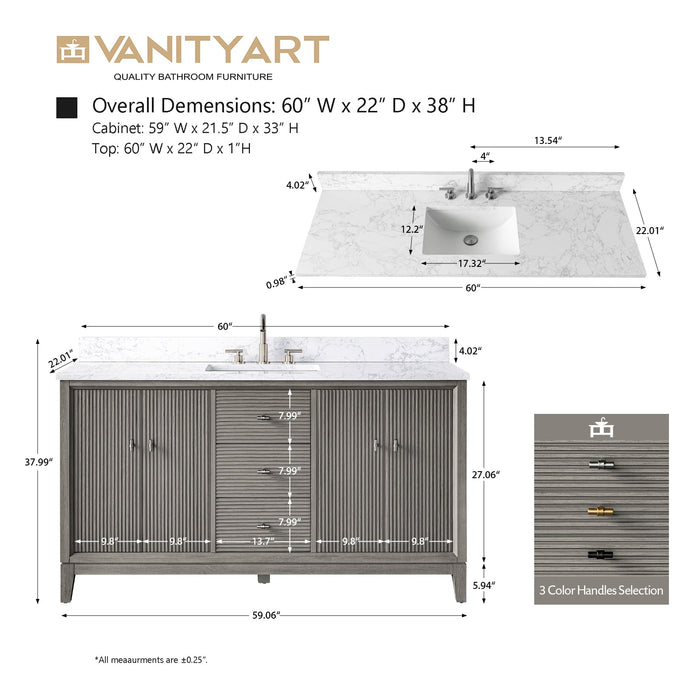60" Single Sink Freestanding Bath Vanity Cabinet with White Engineered Marble Top - HomeBeyond