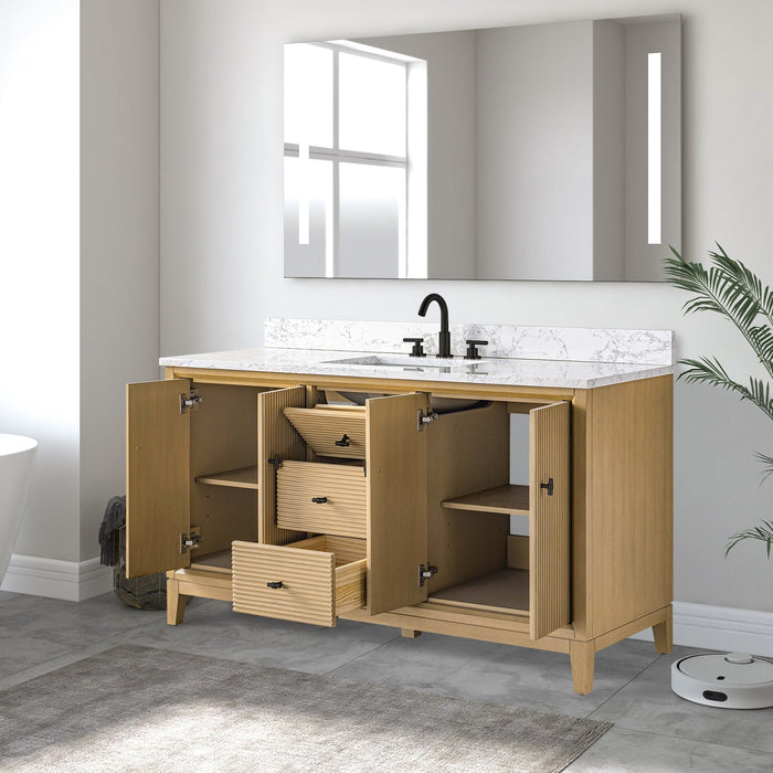 60" Single Sink Freestanding Bath Vanity Cabinet with White Engineered Marble Top - HomeBeyond