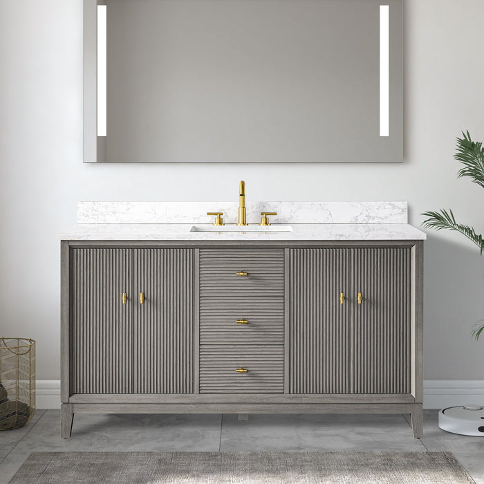 60" Single Sink Freestanding Bath Vanity Cabinet with White Engineered Marble Top - HomeBeyond