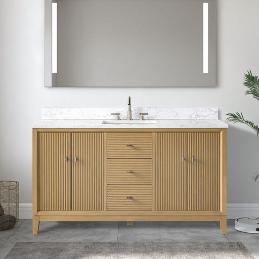 60 inch light oak single sink bathroom vanity with reeded cabinet doors brushed nickel hardware and marble-look top