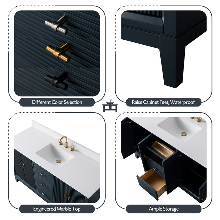 60" Single Sink Freestanding Bath Vanity Cabinet with White Engineered Marble Top - HomeBeyond