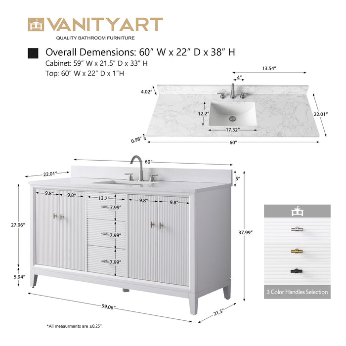 60" Single Sink Freestanding Bath Vanity Cabinet with White Engineered Marble Top - HomeBeyond