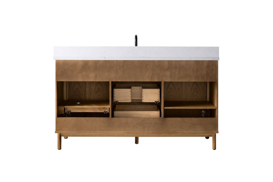 60" Single Sink Freestanding Bathroom Vanity with Milano Mist Engineered Stone Countertop, Integrated Ceramic Sink, Hidden Power & USB Charging Station and Hair Dryer Storage VA1260S - HomeBeyond