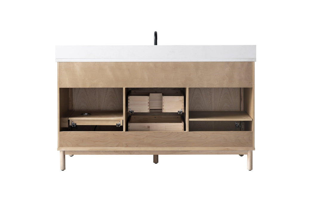 60" Single Sink Freestanding Bathroom Vanity with Milano Mist Engineered Stone Countertop, Integrated Ceramic Sink, Hidden Power & USB Charging Station and Hair Dryer Storage VA1260S - HomeBeyond