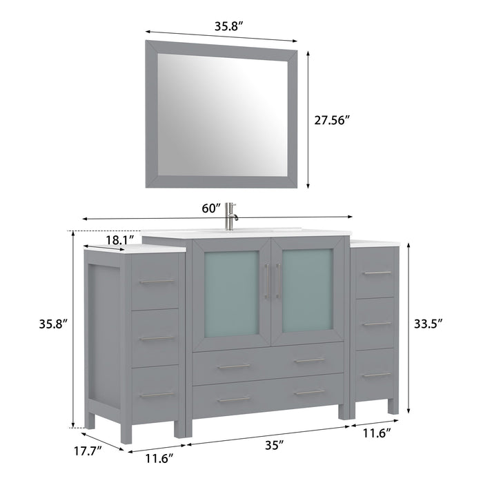 60" Single Sink Modern Bathroom Vanity Set with Ceramic Top & Free Mirror – Large Storage Cabinet with 8 Drawers VA3036-60 - HomeBeyond