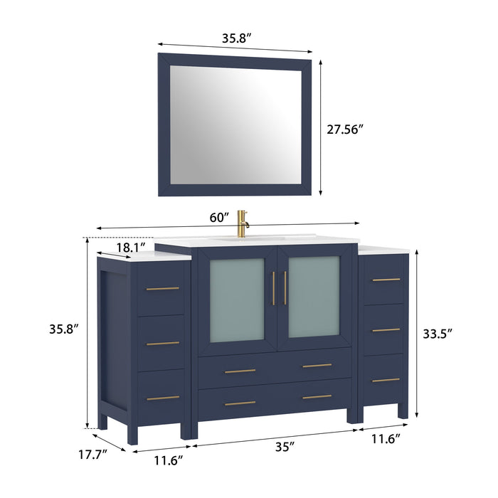 60" Single Sink Modern Bathroom Vanity Set with Ceramic Top & Free Mirror – Large Storage Cabinet with 8 Drawers VA3036-60 - HomeBeyond
