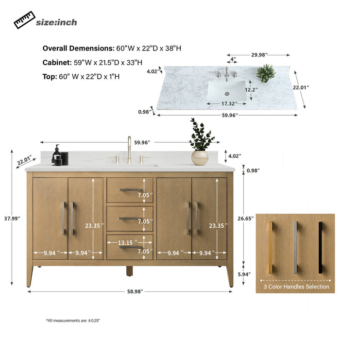 60" Single Sink Modern Freestanding Bathroom Vanity Set with Arabescato White Engineered Marble Top – Storage Cabinet with Soft-Closing Doors & Drawers VA9060S - HomeBeyond
