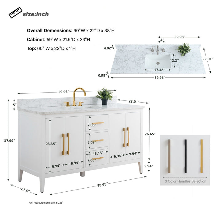 60" Single Sink Modern Freestanding Bathroom Vanity Set with Arabescato White Engineered Marble Top – Storage Cabinet with Soft-Closing Doors & Drawers VA9060S - HomeBeyond