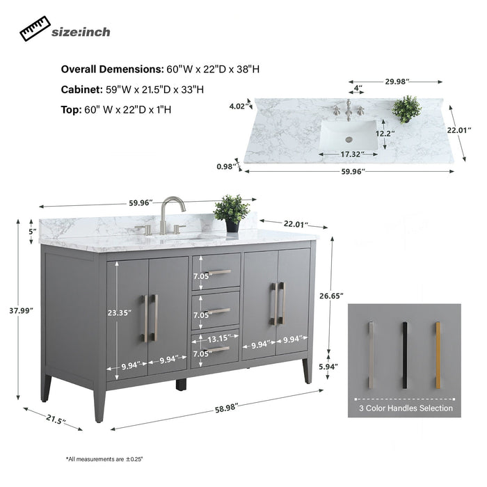 60" Single Sink Modern Freestanding Bathroom Vanity Set with Arabescato White Engineered Marble Top – Storage Cabinet with Soft-Closing Doors & Drawers VA9060S - HomeBeyond