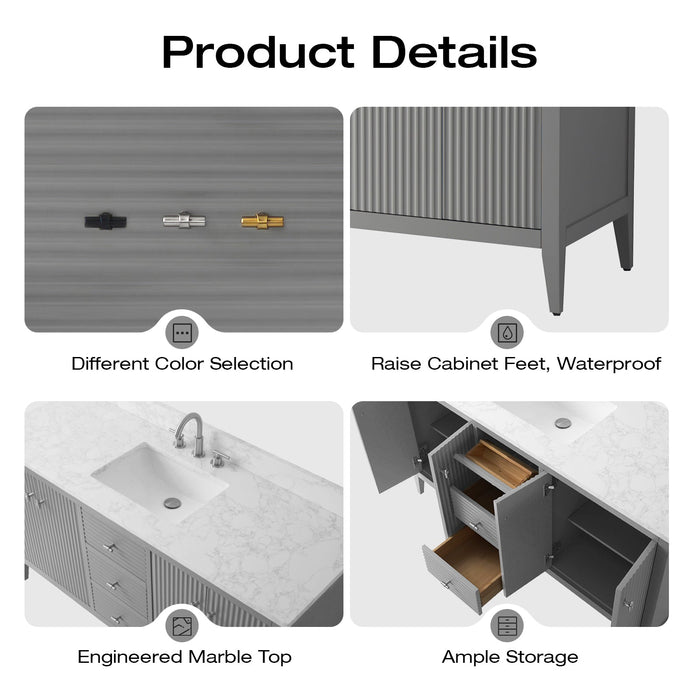 60" Single Sink Modern Freestanding Solid Wood Bathroom Vanity Set with Engineered Marble Top – Storage Cabinet with Soft-Closing Doors & Drawers VA9160S - HomeBeyond