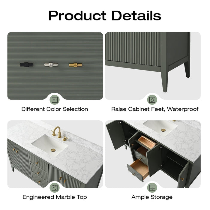 60" Single Sink Modern Freestanding Solid Wood Bathroom Vanity Set with Engineered Marble Top – Storage Cabinet with Soft-Closing Doors & Drawers VA9160S - HomeBeyond