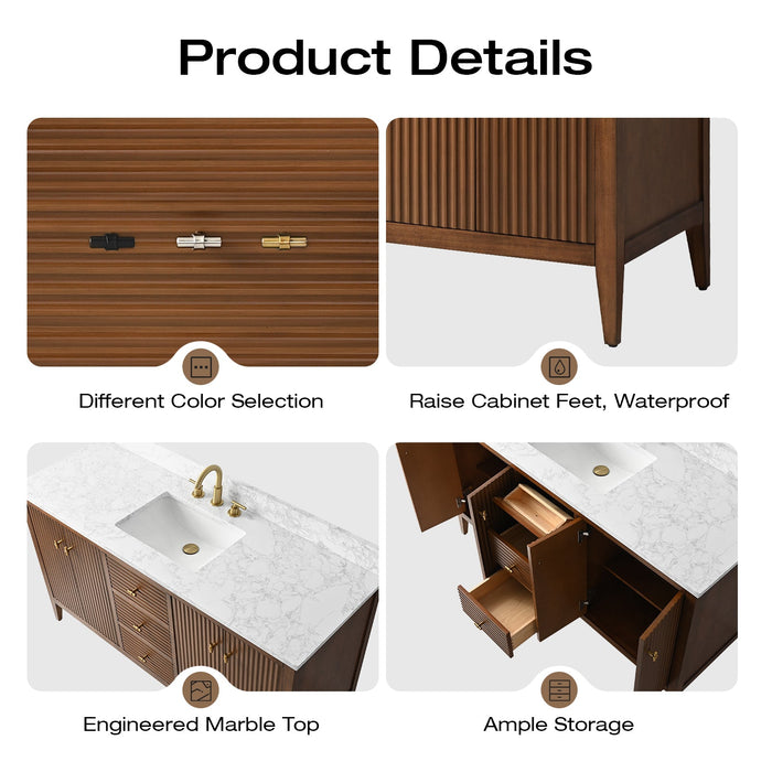 60" Single Sink Modern Freestanding Solid Wood Bathroom Vanity Set with Engineered Marble Top – Storage Cabinet with Soft-Closing Doors & Drawers VA9160S - HomeBeyond