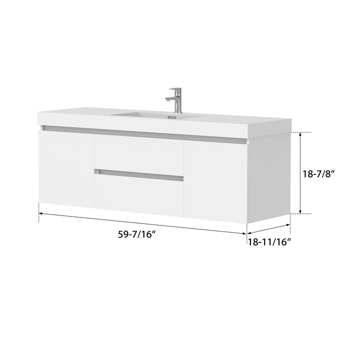 60" Single Sink Modern Wall-Mounted Bathroom Vanity Set with White Engineered Stone Top – Floating Storage Cabinet with 2 Drawers VA6060W - HomeBeyond